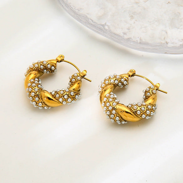Wholesale Geometric Stainless Steel Pearl Twist Earrings With Rhinestones 18K Gold Plated For Women
