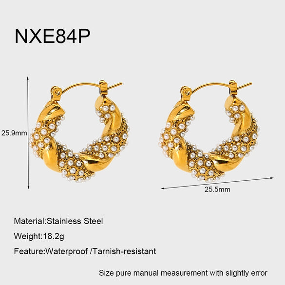Wholesale Geometric Stainless Steel Pearl Twist Earrings With Rhinestones 18K Gold Plated For Women