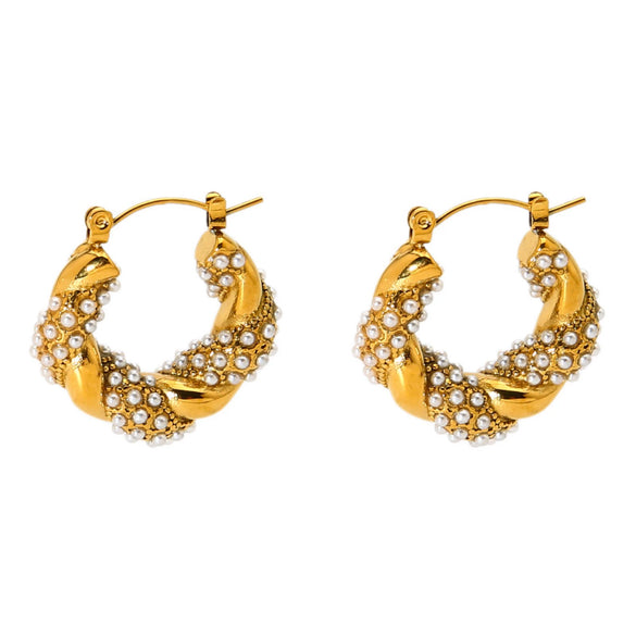 Wholesale Geometric Stainless Steel Pearl Twist Earrings With Rhinestones 18K Gold Plated For Women