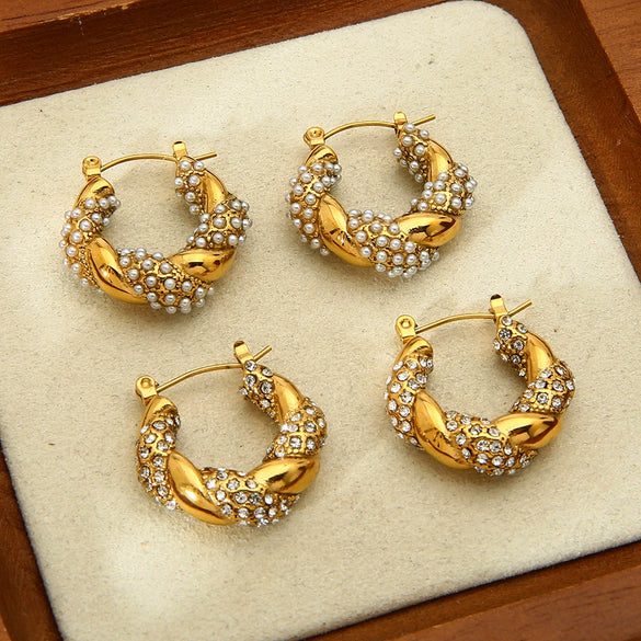 Wholesale Geometric Stainless Steel Pearl Twist Earrings With Rhinestones 18K Gold Plated For Women