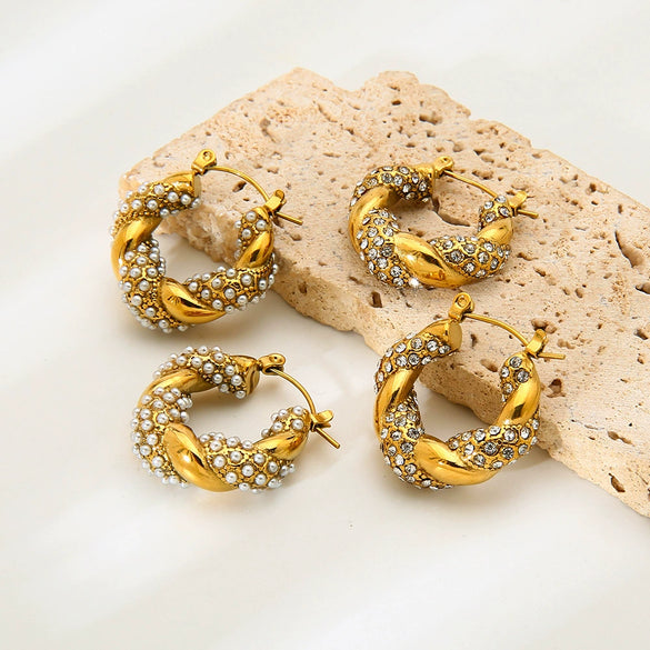 Wholesale Geometric Stainless Steel Pearl Twist Earrings With Rhinestones 18K Gold Plated For Women