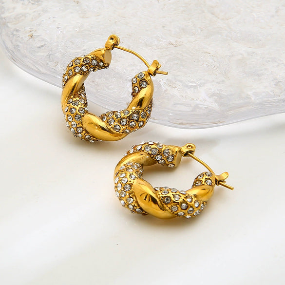 Wholesale Geometric Stainless Steel Pearl Twist Earrings With Rhinestones 18K Gold Plated For Women