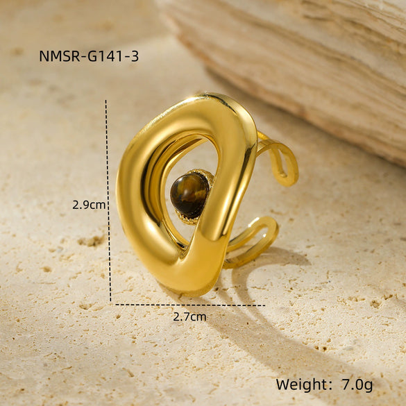 Wholesale Geometric Stainless Steel Ring Plated 18K Gold Inlaid Natural Stone Light Luxury Style