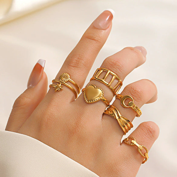 Wholesale Geometric Stainless Steel Star Moon Ring 18K Gold Plated For Women