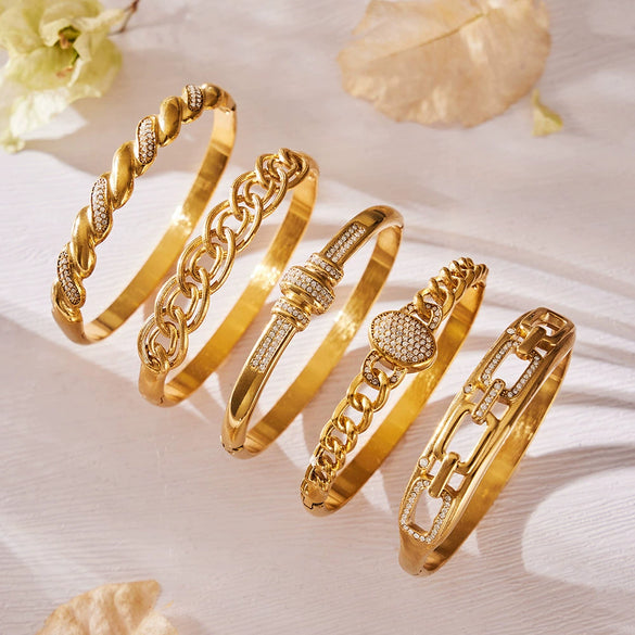 Wholesale Geometric Stainless Steel Zircon Inlay 18K Gold Plated Clasp Bracelet