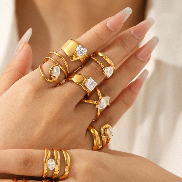 Wholesale Geometric Stainless Steel Zirconia Inlaid Open Ring For Women Couple Jewelry