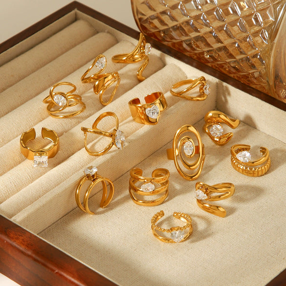 Wholesale Geometric Stainless Steel Zirconia Inlaid Open Ring For Women Couple Jewelry