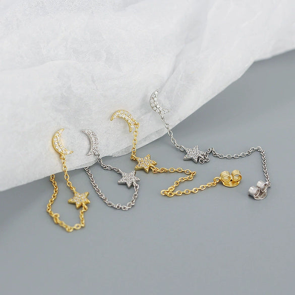 Wholesale Geometric Star Moon Tassel Earrings S925 Sterling Silver Electroplated For Women