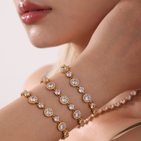 Wholesale Geometric Stitching 5A Zircon Full Diamond Bracelet In Titanium Steel With Electroplating Treatment For Women