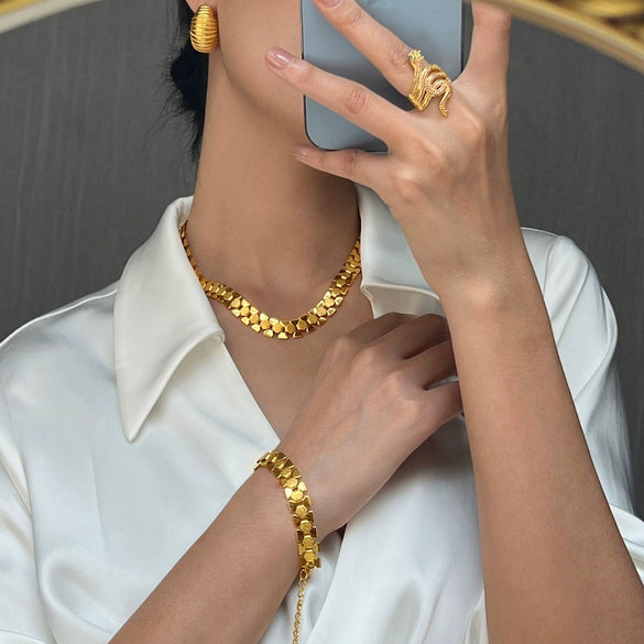 Wholesale Geometric Stitching 18K Gold Plated Titanium Steel Necklace And Bracelet Set For Women