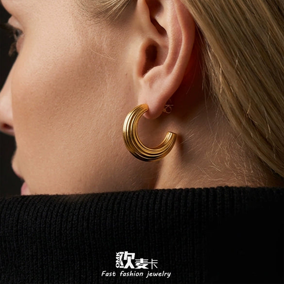 Wholesale Geometric Striped Cshaped Stainless Steel Goldplated Earrings For Women