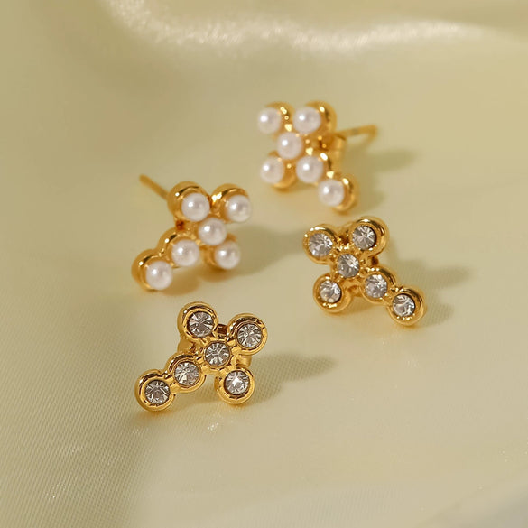 Wholesale Geometric Style Electroplated Stainless Steel Cross Earrings With Diamond Pearl For Women