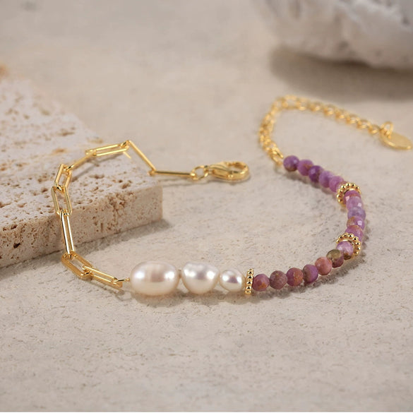 Wholesale Geometric Style Natural Stone And Freshwater Pearl 925 Sterling Silver Paper Clip Bracelet For Women With Electroplating