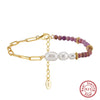 Wholesale Geometric Style Natural Stone And Freshwater Pearl 925 Sterling Silver Paper Clip Bracelet For Women With Electroplating