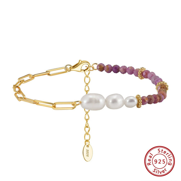 Wholesale Geometric Style Natural Stone And Freshwater Pearl 925 Sterling Silver Paper Clip Bracelet For Women With Electroplating