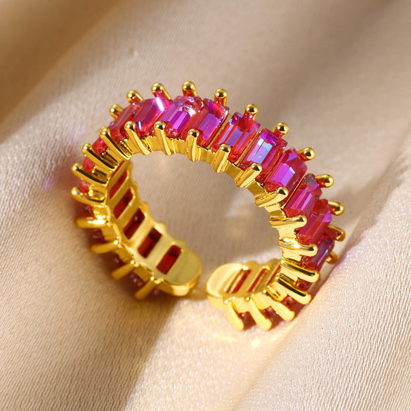 Wholesale Geometric Style Rectangular Full Diamond Colorful Zircon Copper Ring For Women