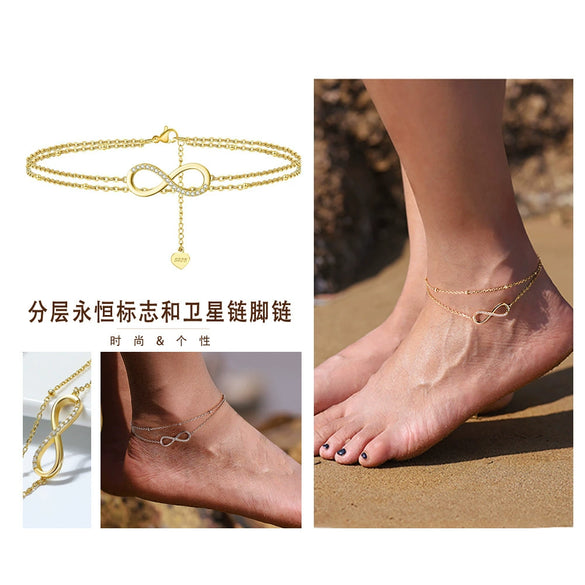 Wholesale Geometric Style S925 Sterling Silver Women's Anklet With Double Layer 8 Word Lucky Symbol