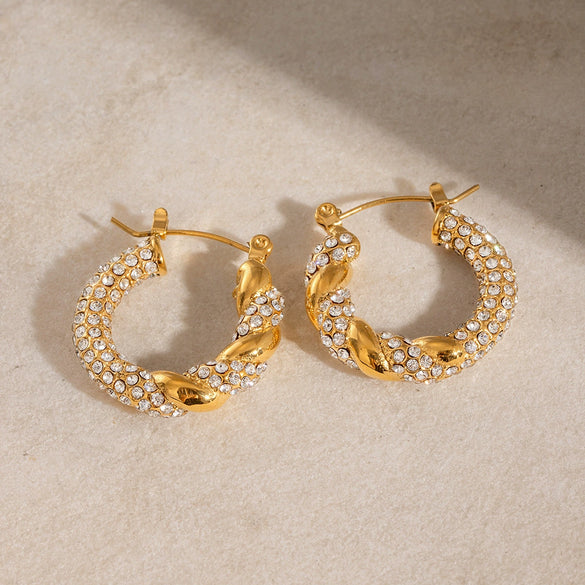 Wholesale Geometric Style Stainless Steel And 18K Gold Twist Earring Buckles With White Diamonds Fashion Jewelry Nonfading