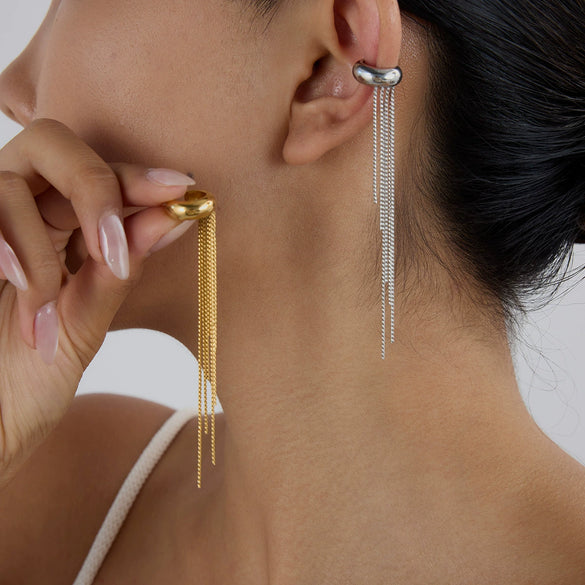 Wholesale Geometric Style Stainless Steel Tassel Ear Clip Earrings With 18K Gold Electroplating For Women