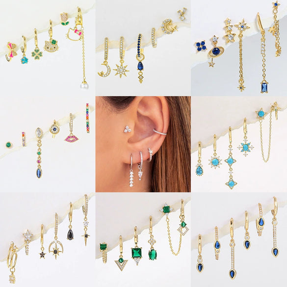 Wholesale Geometric Tassel Chain Earrings Set Copper With Colorful Zircon