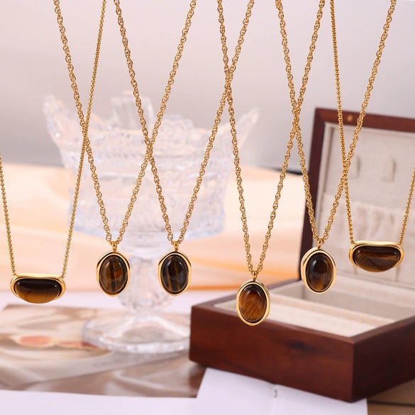 Wholesale Geometric Tiger Eye 316L Stainless Steel Necklace With Electroplating For Women Retro Niche Design Sense