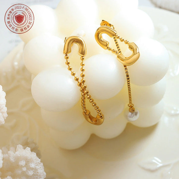 Wholesale Geometric Titanium Steel Electroplated Round Heart Tassel Faux Pearl Stud Earrings For Women