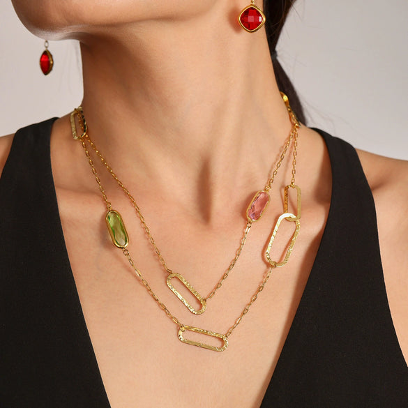 Wholesale Geometric Translucent Glass Clavicle Necklace 316L Stainless Steel Double Layer Stacked Electroplated Jewelry Accessories For Women