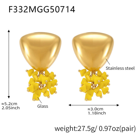 Wholesale Geometric Triangular Tassel Stained Glass 316L Stainless Steel 18K Gold Electroplated Women's Earrings