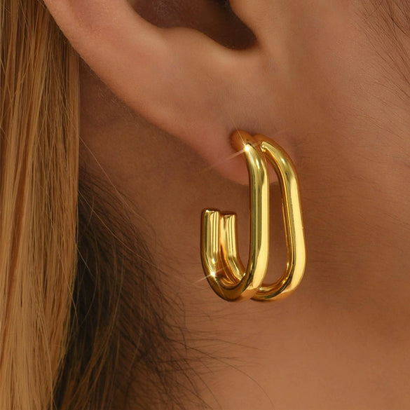 Wholesale Geometric Ushaped Doubleline Stainless Steel 16K Gold Plated Earrings For Women