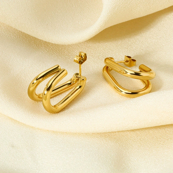 Wholesale Geometric Ushaped Doubleline Stainless Steel 16K Gold Plated Earrings For Women