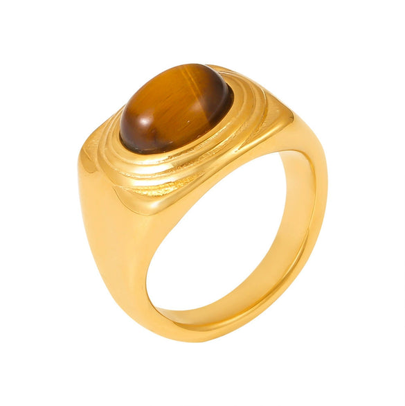 Wholesale Geometric Vintage Textured Edge Oval Tiger Eye Stone Ring Titanium Steel Goldplated