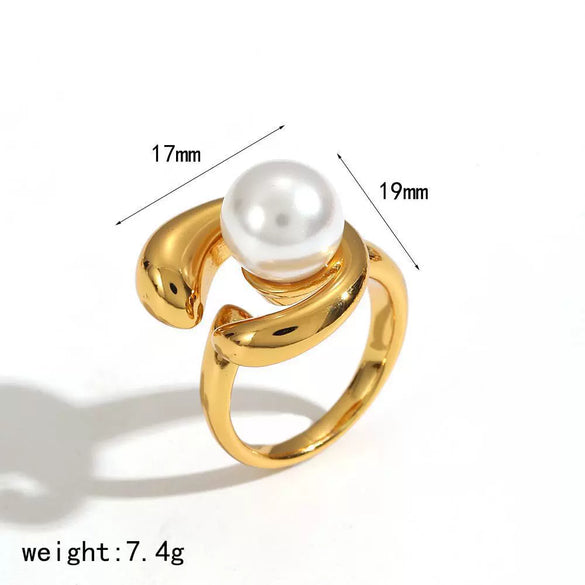 Wholesale Geometric Wave Dot Pearl Titanium Steel Electroplated Ring For Women Jewelry