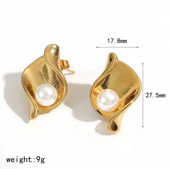 Wholesale Geometric Wave Dot Pearl Titanium Steel Electroplated Ring For Women Jewelry