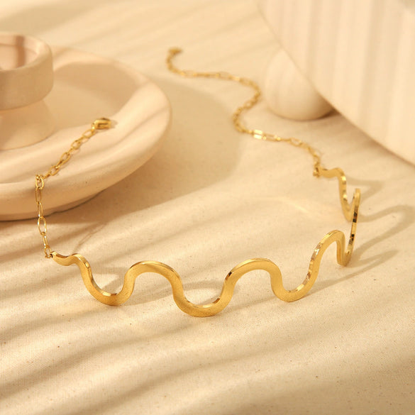 Wholesale Geometric Wavy Pattern Stainless Steel 18K Gold Plated Polished Jewelry Set For Women Necklace Bracelet