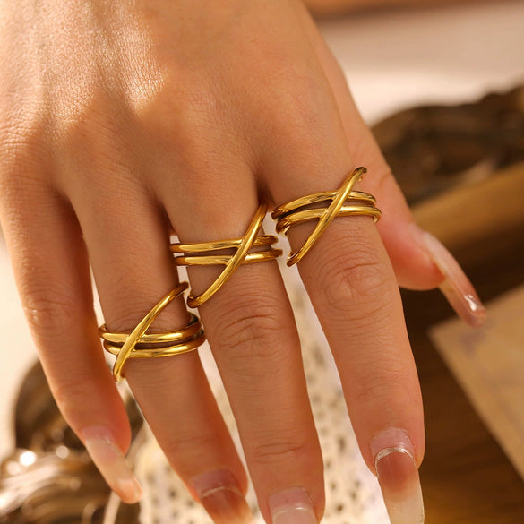 Wholesale Geometric Winding Hollow Cross Line Ring Titanium Steel 18K Gold Electroplated Jewelry For Women