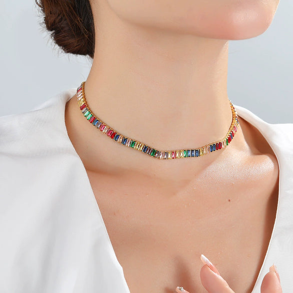 Wholesale Geometric Zircon Inlaid Copper Gold Plated Women's Cuban Chain Necklace