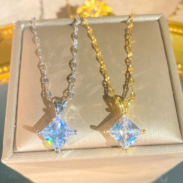 Wholesale Geometric Zircon Square Pendant Vshaped Titanium Steel Necklace For Girls Light Luxury Style Water Wave Chain