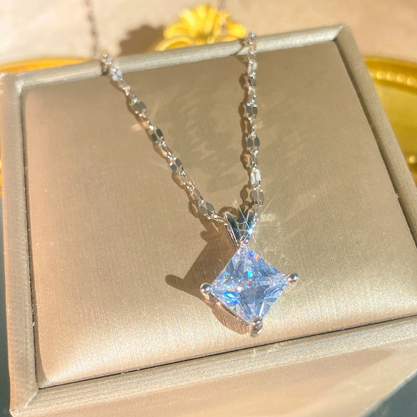 Wholesale Geometric Zircon Square Pendant Vshaped Titanium Steel Necklace For Girls Light Luxury Style Water Wave Chain