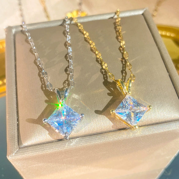 Wholesale Geometric Zircon Square Pendant Vshaped Titanium Steel Necklace For Girls Light Luxury Style Water Wave Chain
