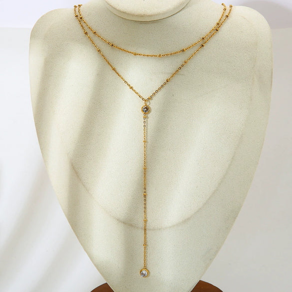 Wholesale Geometric Zircon Yshaped Stainless Steel Doublelayer 18K Gold Plated Necklace For Women