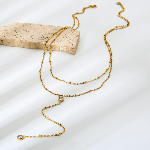 Wholesale Geometric Zircon Yshaped Stainless Steel Doublelayer 18K Gold Plated Necklace For Women