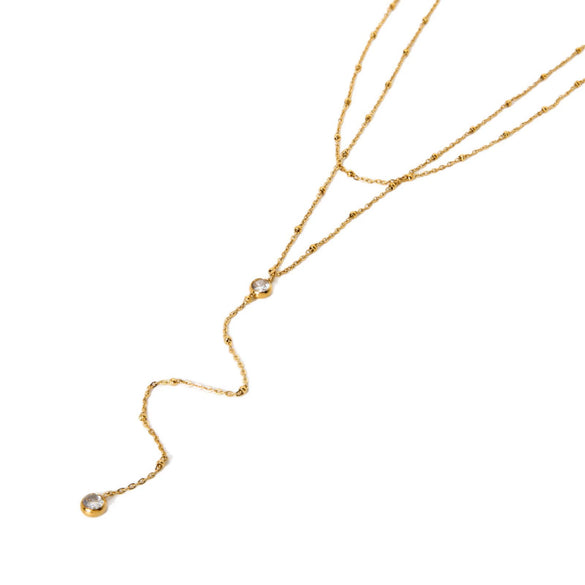Wholesale Geometric Zircon Yshaped Stainless Steel Doublelayer 18K Gold Plated Necklace For Women