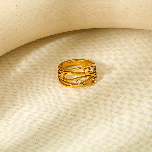 Wholesale Geometric Zirconinlaid Hollow Stainless Steel 18K Goldplated Ring For Women