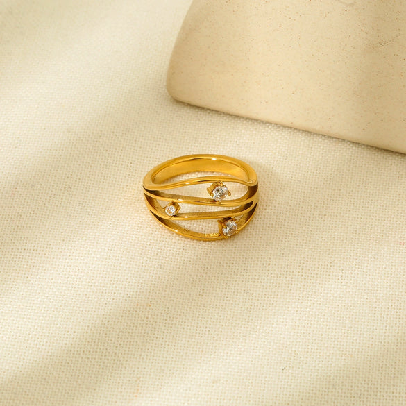 Wholesale Geometric Zirconinlaid Hollow Stainless Steel 18K Goldplated Ring For Women