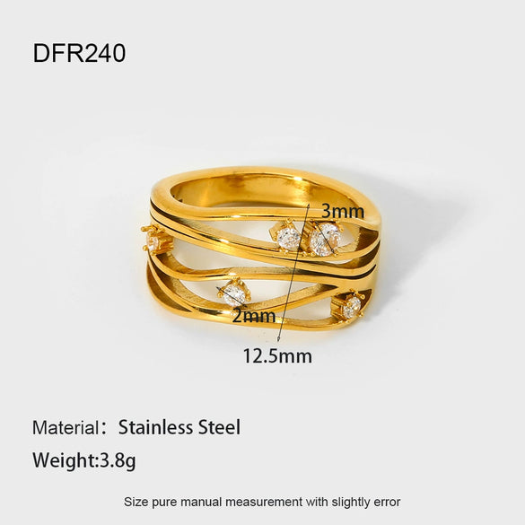 Wholesale Geometric Zirconinlaid Hollow Stainless Steel 18K Goldplated Ring For Women