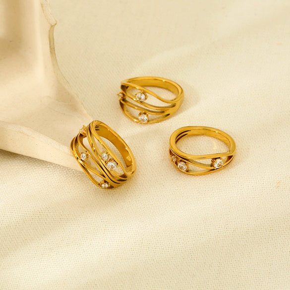 Wholesale Geometric Zirconinlaid Hollow Stainless Steel 18K Goldplated Ring For Women