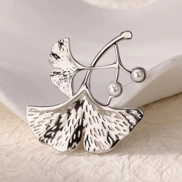 Wholesale Ginkgo Leaf Brooch Stainless Steel Imitation Pearls Light Luxury Exquisite Clothing Accessory