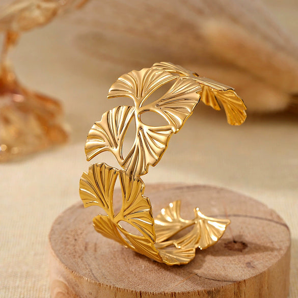 Wholesale Ginkgo Leaf Stainless Steel Bracelet With Hollow Opening Exaggerated Design And 18K Gold Plated Electroplating For Women