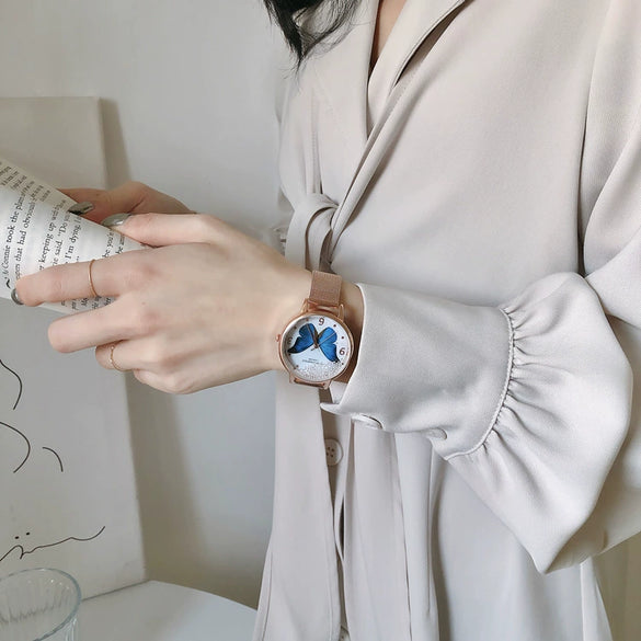 Wholesale Girl's Butterfly Alloy Case Stainless Steel Belt Round Dial Retro Style Bracelet Watch