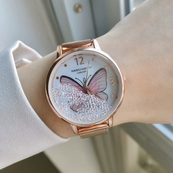 Wholesale Girl's Butterfly Alloy Case Stainless Steel Belt Round Dial Retro Style Bracelet Watch